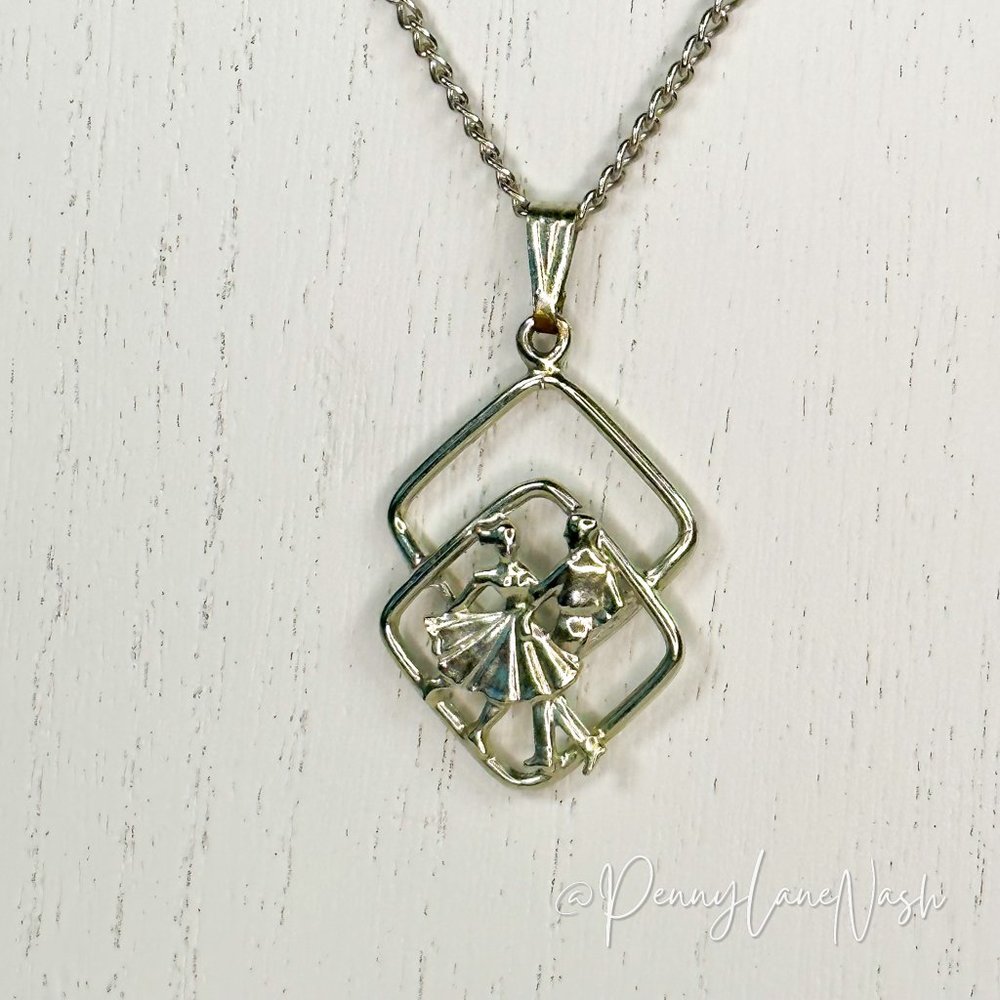 Vintage Dancing Couple on 2 Squares Pendant Necklace - Picture 2 of 6